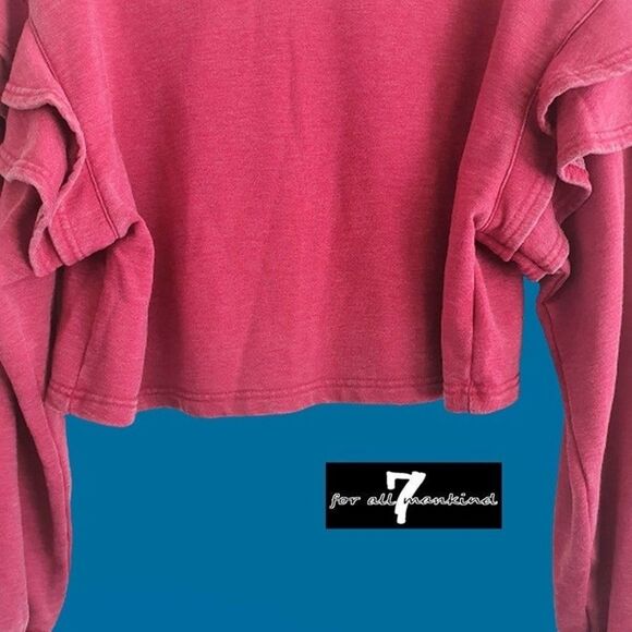 7 FOR ALL MANKIND NEW RED BERRY Ruffled Drop Shoulders Cropped Sweatshirt - Picture 6 of 11